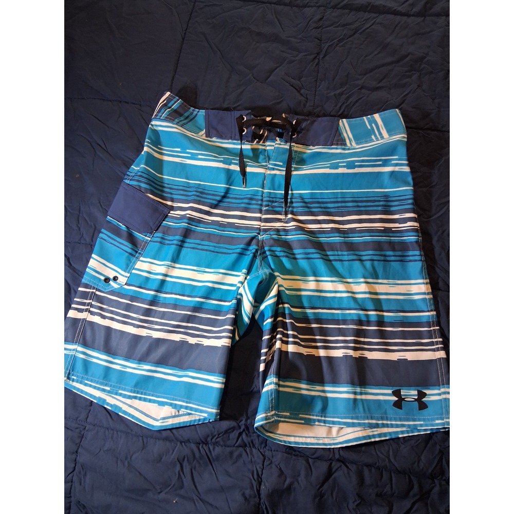Under Armour Mens HeatGear Board Shorts Blue Striped Swim Trunks Size 34 1246869